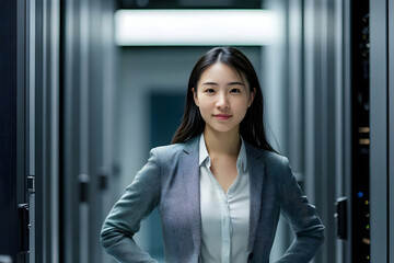Confident Asian businesswoman standing in data center corridor