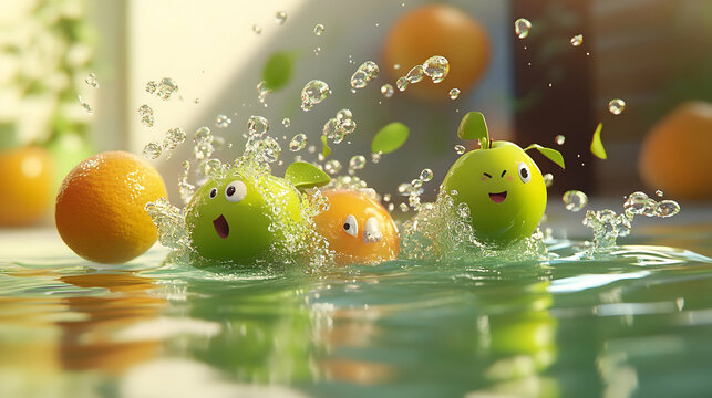 Three cheerful cartoon fruits — an apple and two oranges — splash into a pool of water. A playful and vibrant image!