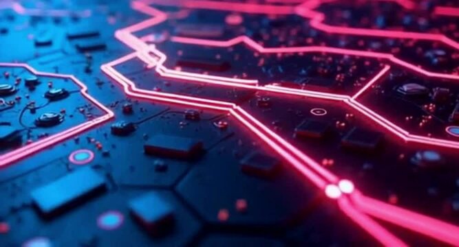 Close-up of neon-lit circuit board with pink glowing lines