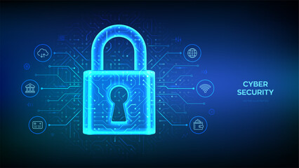 Cyber security and data protection technology concept. Padlock with keyhole. Network safety. Information privacy idea. Circuit board pattern. PCB printed circuit texture. Vector illustration.