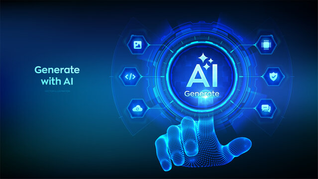 Generate with AI button. Artificial intelligence and Machine learning technology concept. AI enters by command prompt to generate ideas. Hand about to press a Generate AI button. Vector illustration.
