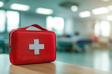 Red first-aid kit on a table.
