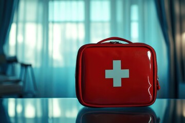 Red first aid kit on a table.