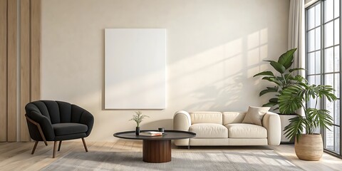 Fototapeta premium Frame mockup, ISO A paper size. Living room wall poster mockup. Interior mockup with house background. Modern interior design. 3D render