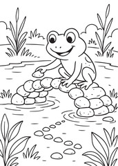 Coloring book frog building a stone bridge across the water
