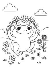Coloring book frog holding a beautiful flower crown, a charming spring