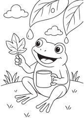 Coloring book frog collecting raindrops with a leaf and mug, a cozy spring