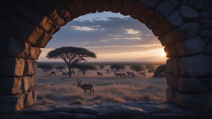 African Savannah Animals Seen Through Stone Archway at Sunrise