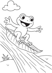 Coloring book frog riding a leaf down a stream, an exciting spring coloring page for children