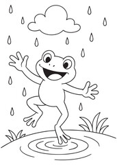 Coloring book Dancing frog enjoying the rain under a cloud
