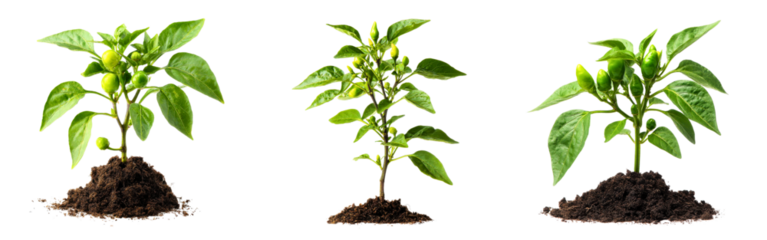 Collection of green pepper seedlings sprouting small vegetables on leafy stems isolated on a white or transparent background