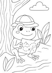 Coloring book frog explorer with a hat, reading a treasure map, a fun spring