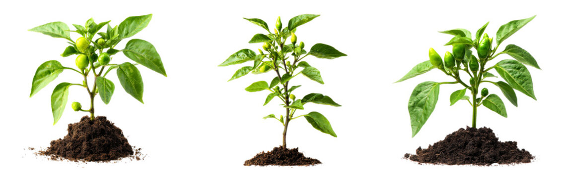 Collection of green pepper seedlings sprouting small vegetables on leafy stems isolated on a white or transparent background