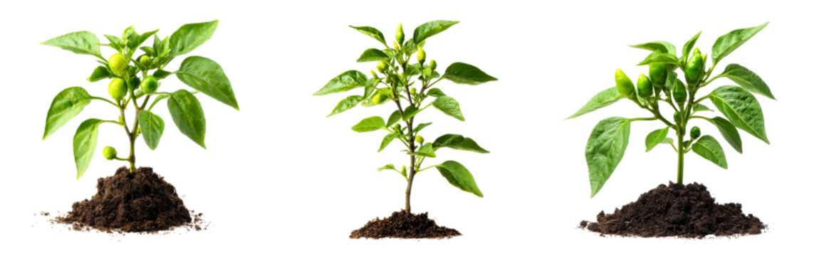 Collection of green pepper seedlings sprouting small vegetables on leafy stems isolated on a white or transparent background - Powered by Adobe