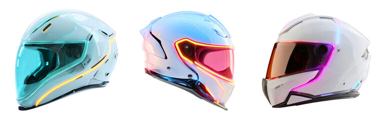 Fototapeta premium Collection of sleek aerodynamic motorcycle helmets with neon glowing accents in futuristic style isolated on a white or transparent background