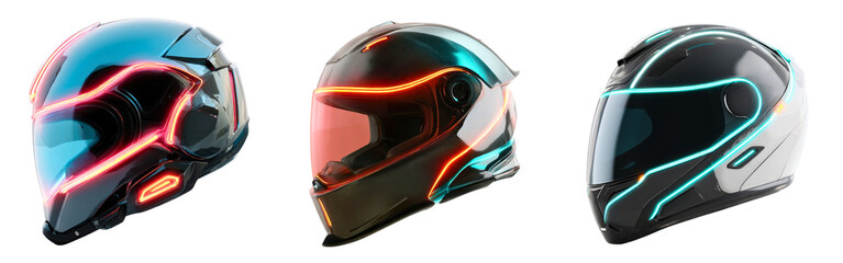 Fototapeta premium Set of futuristic motorcycle helmets featuring glowing neon details and aerodynamic design isolated on a white or transparent background