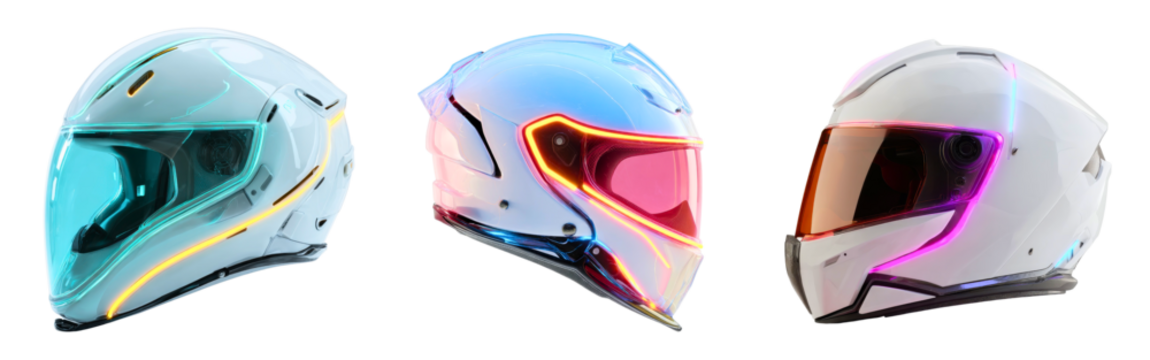 Collection of sleek aerodynamic motorcycle helmets with neon glowing accents in futuristic style isolated on a white or transparent background