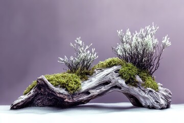 Driftwood planter with moss and small plants.