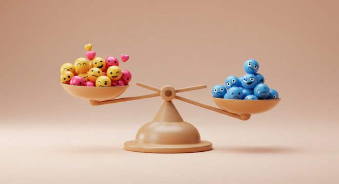Balancing Happiness and Sadness Emojis on Scales 3D Render