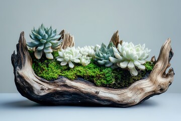 Succulents and moss in a driftwood planter.