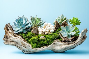 Succulents and moss nestled in a driftwood planter.