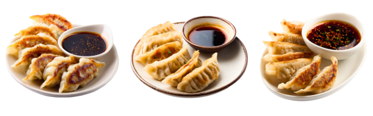 Collection of appetizing gyoza dumplings paired with dipping sauce isolated on a white or transparent background