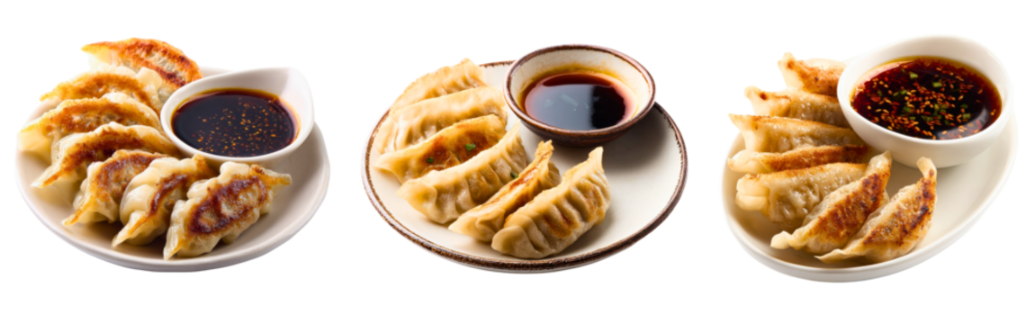 Collection of appetizing gyoza dumplings paired with dipping sauce isolated on a white or transparent background
