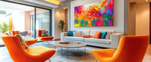 A vibrant living room showcasing bold colors and comfortable furnishings.