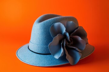 A light-blue felt hat with a decorative flower.