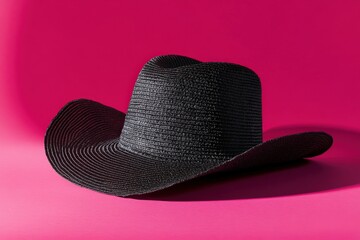 Dark straw cowboy hat on a fuchsia background.
