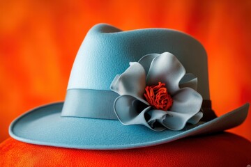 Detailed view of a light blue fedora hat with a decorative flower.