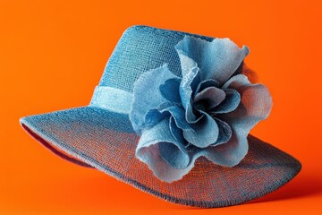 Delicate blue straw hat with a flower embellishment.