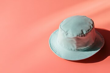 Light teal bucket hat on a coral background.