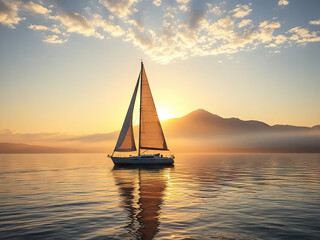 Serene sailboat gliding on calm water during golden sunset, with mountain silhouette in background