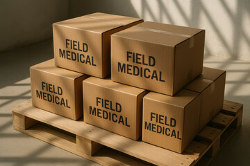 Stack of cardboard field medical supply boxes on wooden pallet in warehouse with sunlight, emergency aid shipment distribution