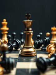 Golden chess king stands triumphantly surrounded by fallen black and gold chess pieces on chessboard