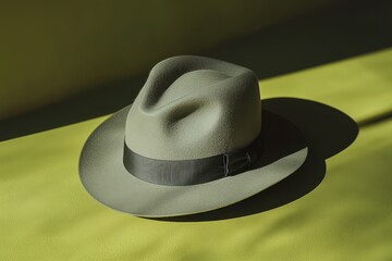 A light gray fedora hat sits on a lime green surface.