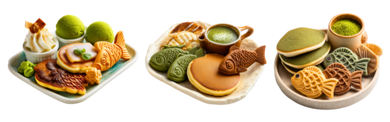 Collection of assorted Japanese desserts including dorayaki pancakes, taiyaki fish-shaped cakes, and matcha sweets isolated on a white or transparent background