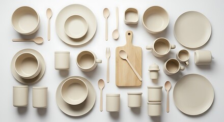 Elegant beige dinnerware and wooden utensils arranged on white surface