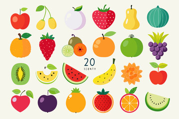 Collection of Twenty Colorful Fruit Icons Including Apples Strawberries Watermelon Kiwi Oranges Grapes Bananas and More Isolated on a Cream Background Perfect for Food and