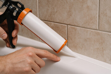 Person applying white sealant on bathtub edge with caulking gun for home improvement