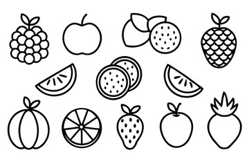 Collection of fruit icons in outline style featuring raspberry apple passion fruit pineapple orange strawberry and other fruits perfect for menu design or healthy eating