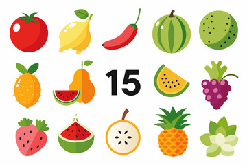 Colorful Assortment of Fruits and Vegetables with the Number Fifteen Representing Daily Recommended Servings in a Flat Vector Illustration Isolated on White Background