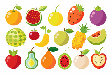 Colorful Assortment of Cartoon Style Fruits Including Orange Apple Strawberry Pear Pineapple Melon and Exotic Fruits Isolated on a White Background for Healthy Eating