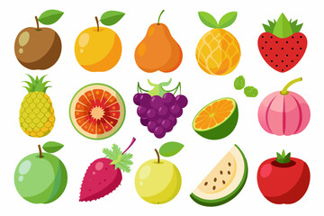 Collection of colorful cartoon fruits isolated on white background including apples oranges pears pineapple strawberry grapefruit grapes lime guava and watermelon slice