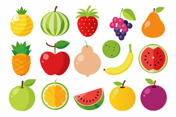 Colorful Assortment of Cartoon Fruit Illustrations on White Background Featuring Pineapple Watermelon Strawberry Grapes Pear Apple Orange Banana Kiwi Plum and Other Delicious Fruits