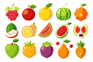 Collection of Various Cartoon Fruit Illustrations Including Grapes Apples Watermelon Pineapple and Others Isolated on a White Background Perfect for Educational Resources and Food Related