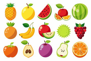 Collection of colorful cartoon style fruits including pineapple apple watermelon orange banana grapes pear plum and other tropical and temperate fruits on a white background