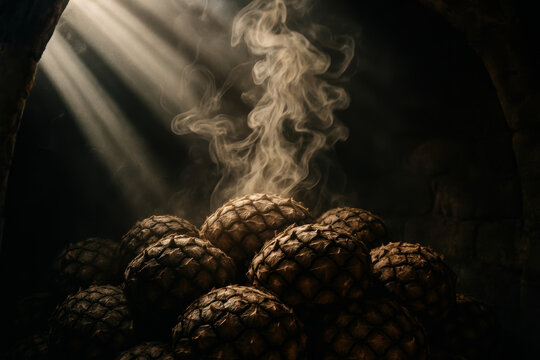 Aromatic smoked agave pineapples in warm light for mezcal production