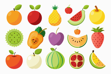 Colorful Assortment of Cartoon Style Fruits Including Apples Oranges Watermelon Pineapple and Berries Isolated on White Background Perfect for Children s Books and Educational Materials